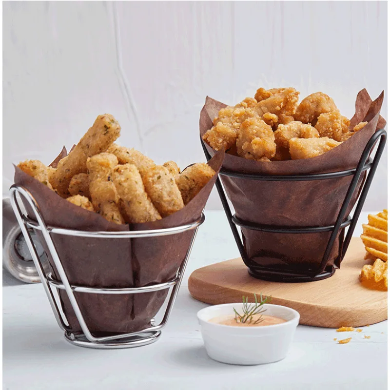 

Display Rack Wire French Fries Stand metal Cone Holder French Fries serving basket for Kitchen, Customized color