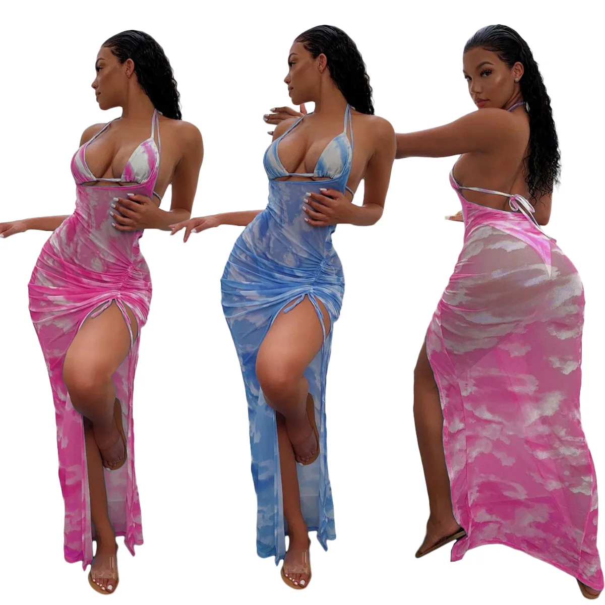 

Wholesale summer 2021 beach wear cloud print backless high split long dress 3 piece bikini swimsuit set for women, Photos show