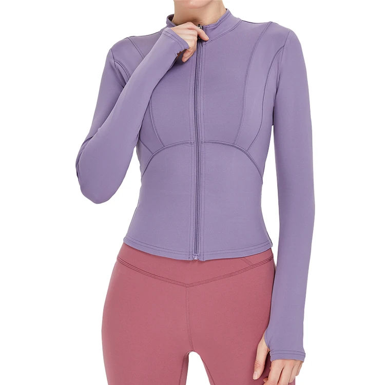 

Solid Color Long Sleeves Sports Jacket Women Gym Tunic Top With Zipper Slim Fit Yoga Running Coat, As the picture show and custom colors