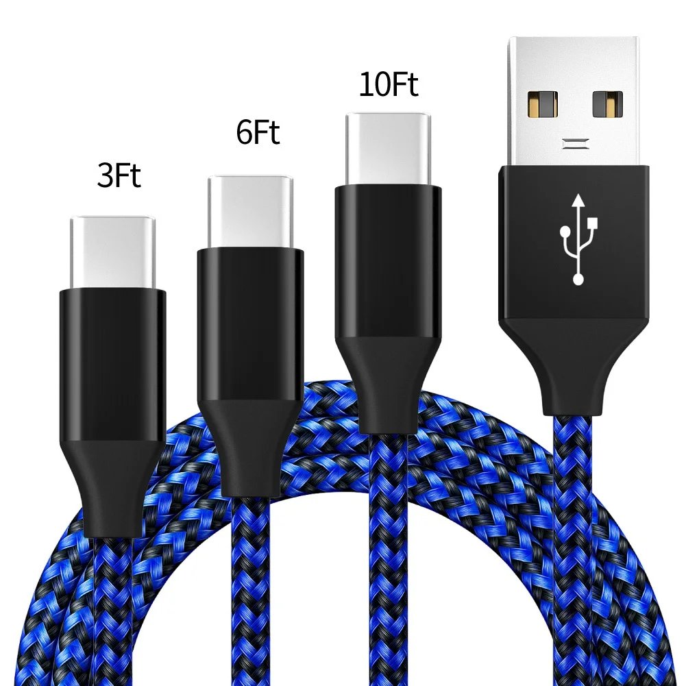 

Free Shipping 3ft 6ft 10ft Nylon Braided 3A Fast Charging USB to Type-c Data Cable For android and Iphone Cable 3m, Customized color