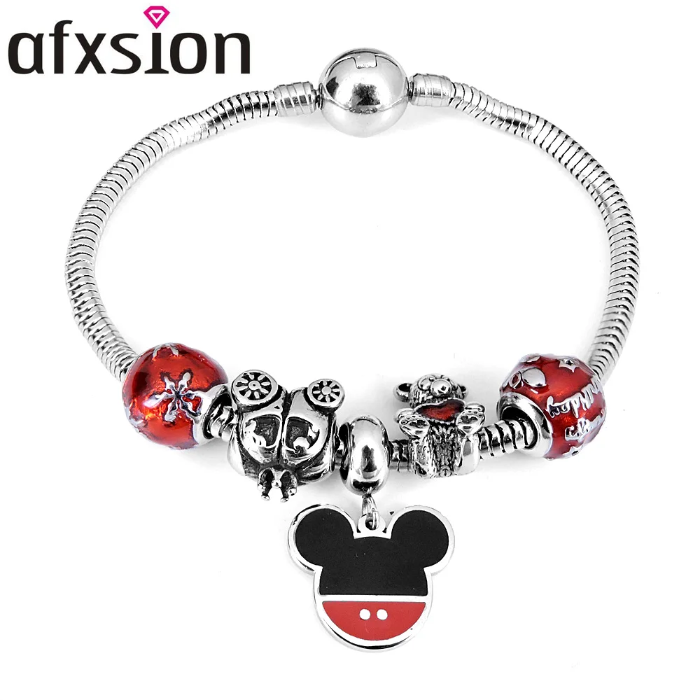 

AFXSION 2020 new Mickey pendant charm bracelet for girls gifts stainless steel jewelry DIY beaded custom bracelet, Picture