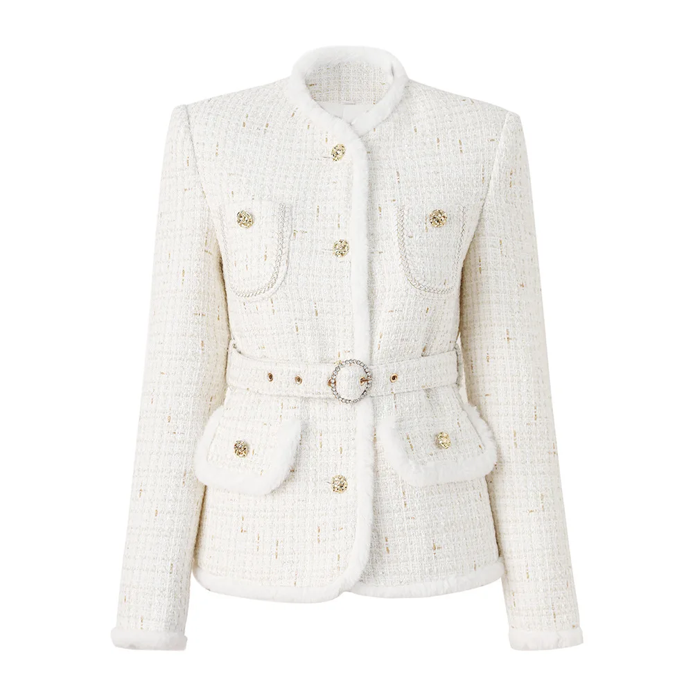 Elegant Style Lady Winter Newest White Short Jacket Women Tweed Stand Collar Single-breasted Coats With Belt