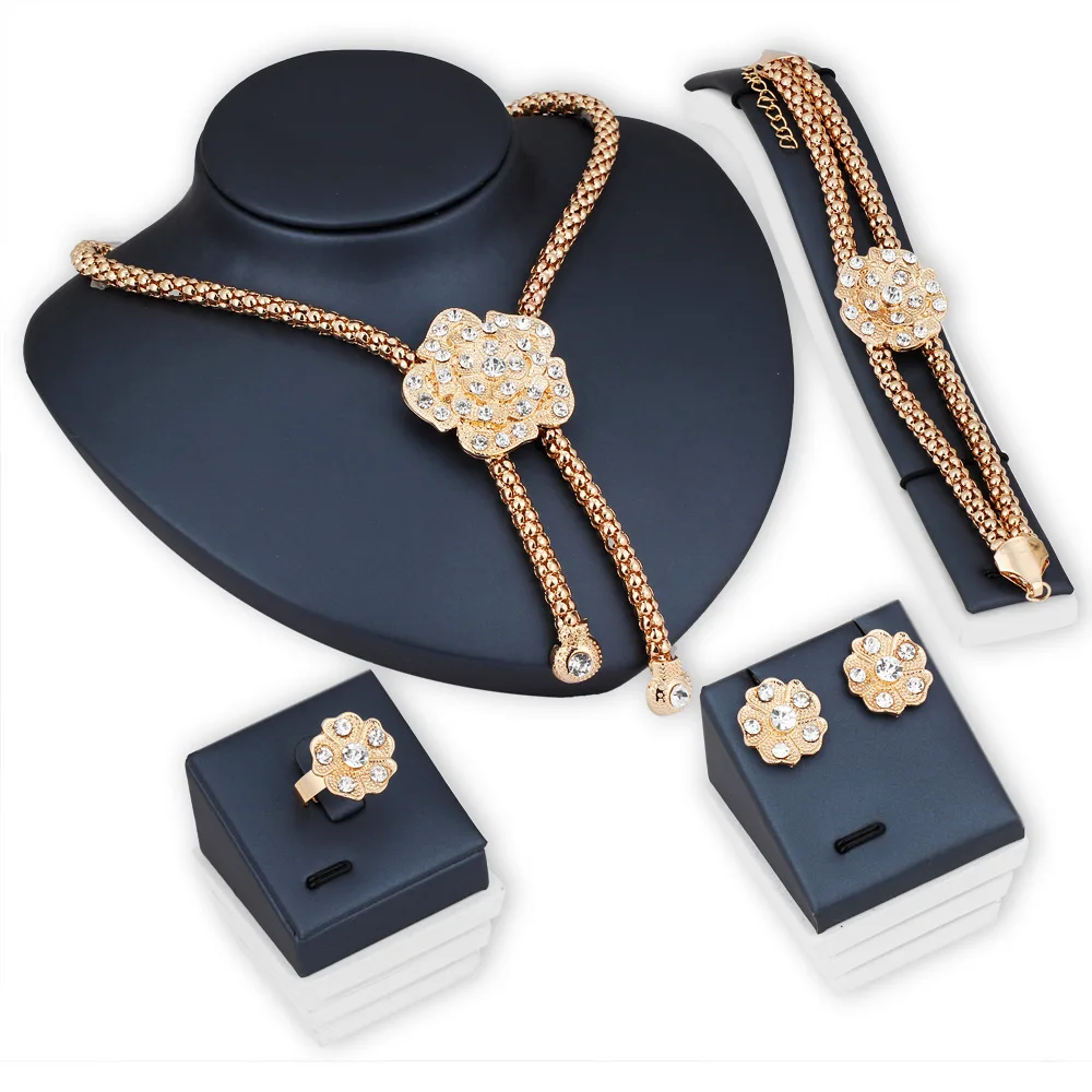 diamond flower pendant necklace earrings ring bracelet gold jewelry sets