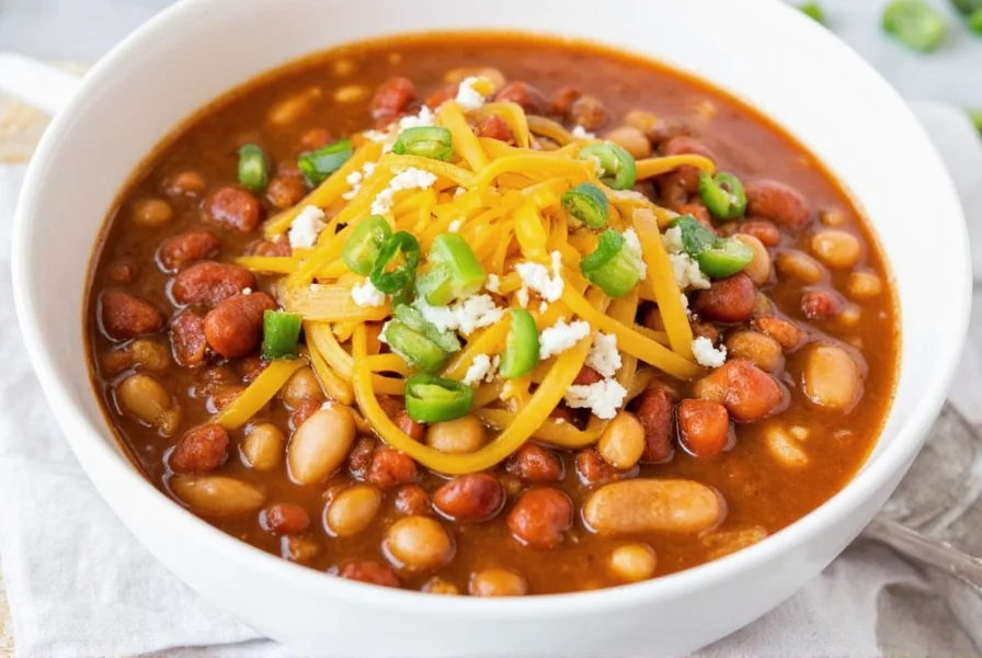Finished white bean chili crockpot dish served in bowl with toppings