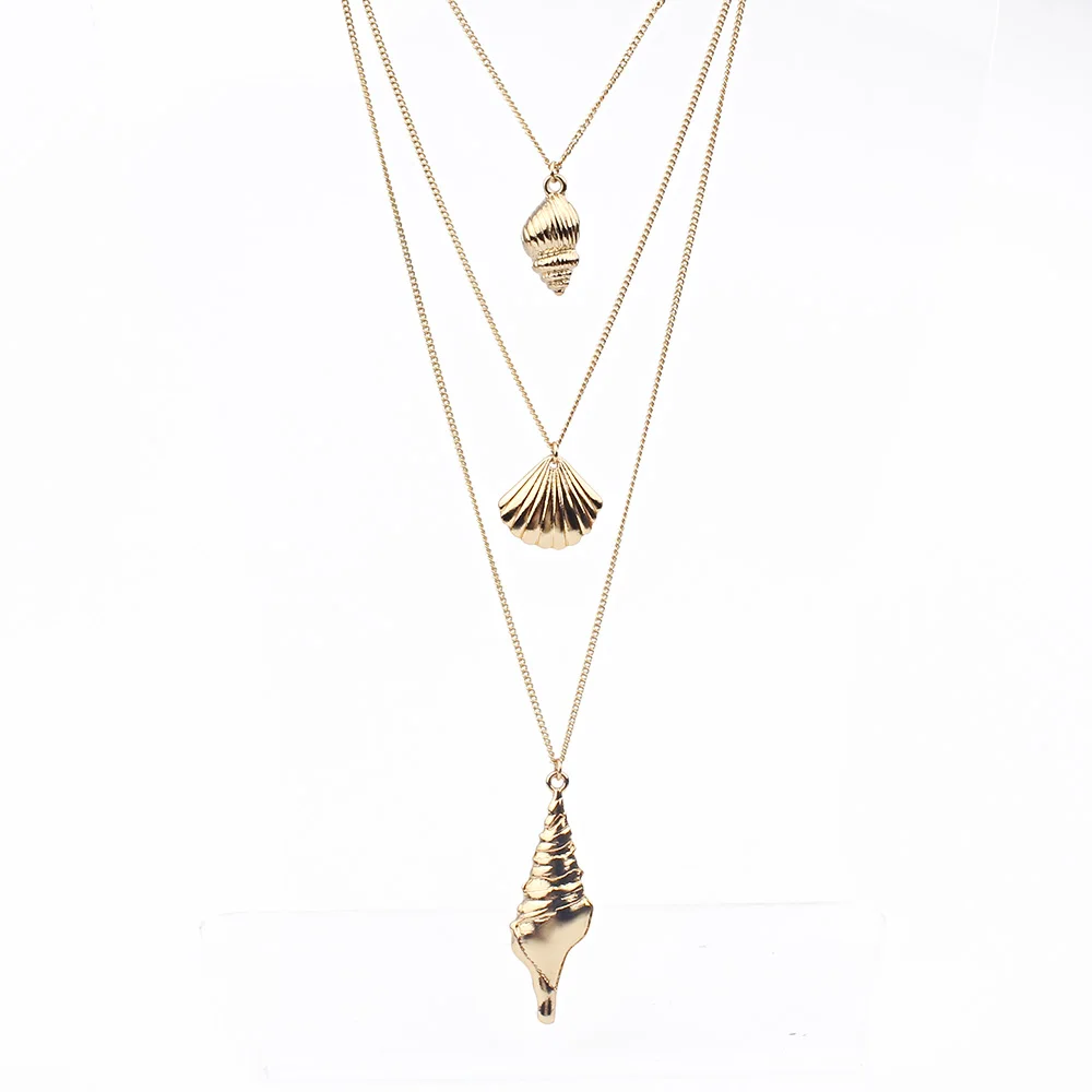 

Drop Shipping Wholesale Women Boho Jewelry Cowrie Three Layered Stainless Steel Gold plated Conch Shell Necklace