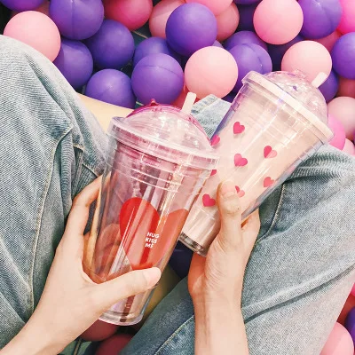 

Victoria secret glitter plastic ice drink water bottle with straw double wall