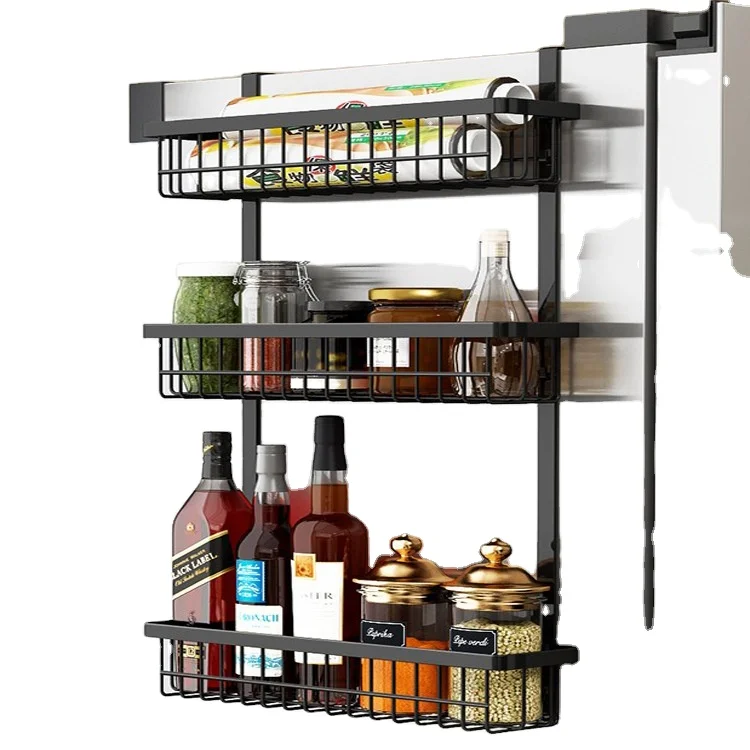 

Wholesale wall mounted magnetic refrigerator shelf strong self-adhesive fridge side spice rack 3 tiers kitchen organizer black