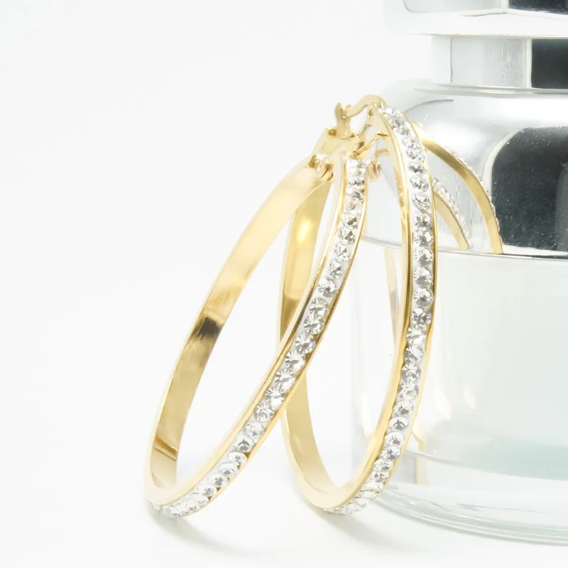 

Women Fashion Accessories Crystal Rhinestone Big Hoop Earring Stainless Steel Gold Plated Round Circle Diamond Hoop Earrings