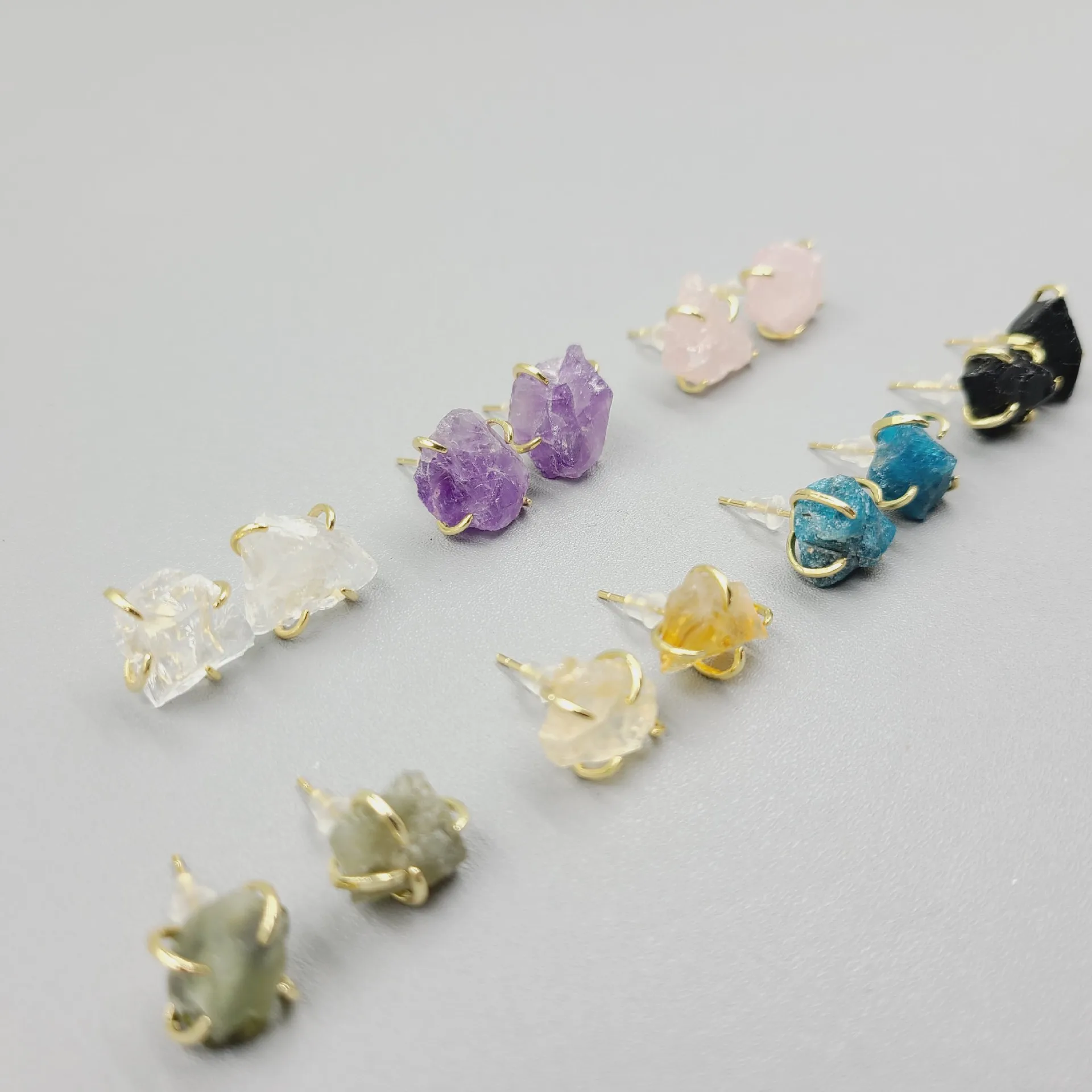 

925 Sterling Silver Needle Raw Stone Earrings Multi Colors Natural Stone Gemstone Birthstone Stud Earrings For Women Lady Gift