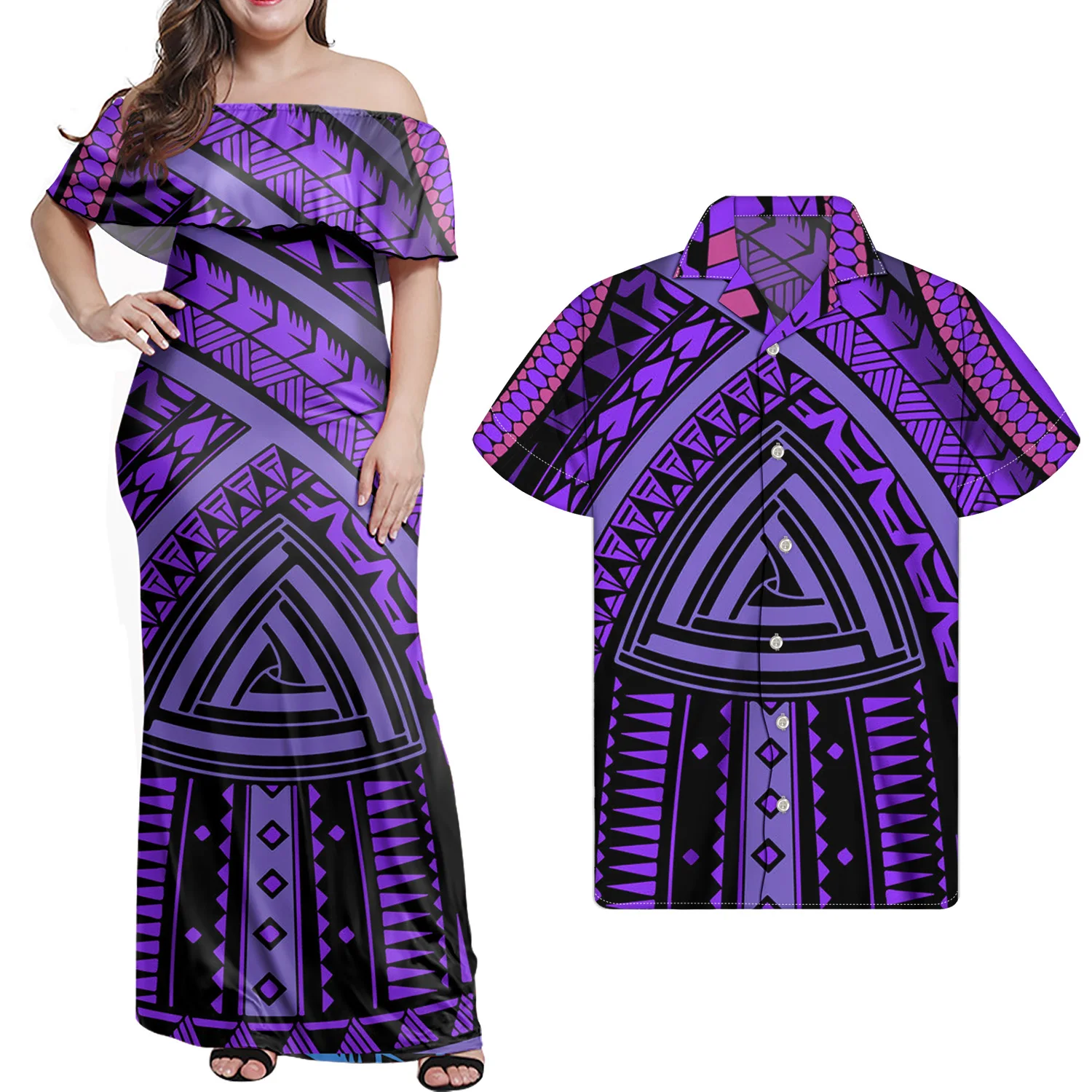 

Couples Two Piece Sets Blue Polynesian Clothing Print Men's Casual Shirt Matching Women Plus Size Dress Couple Matching Clothes, Customized color