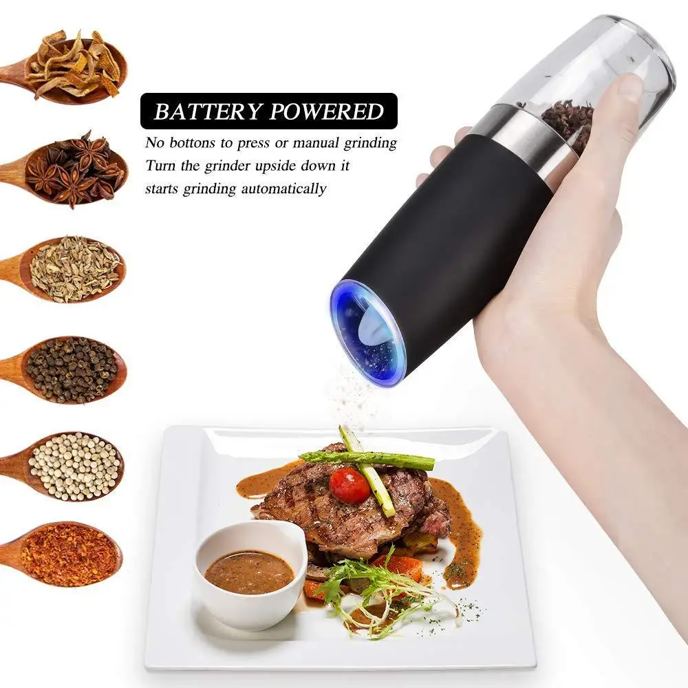 

Gravity Electric Salt and Pepper Grinder Automatic Operation Pepper and Salt Mill with Adjustable Ceramic Rotor Amazon, Black and silver