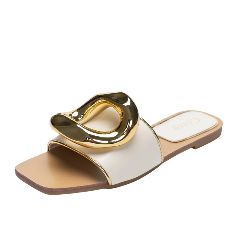 

2021 Personality gold buckle sandals female word wearing slides fashion gold edge flat slippers summer for women, Picture