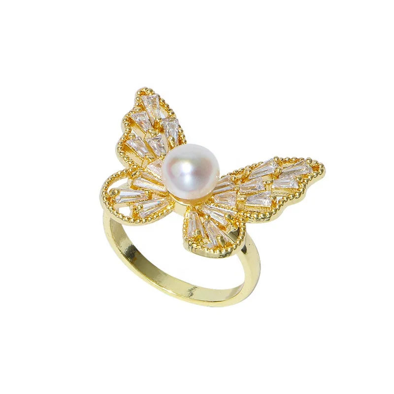 

Copper Exaggerated Large Butterfly Imitation Pearl Ring Fashion Jewelry Accessories For Women, Gold