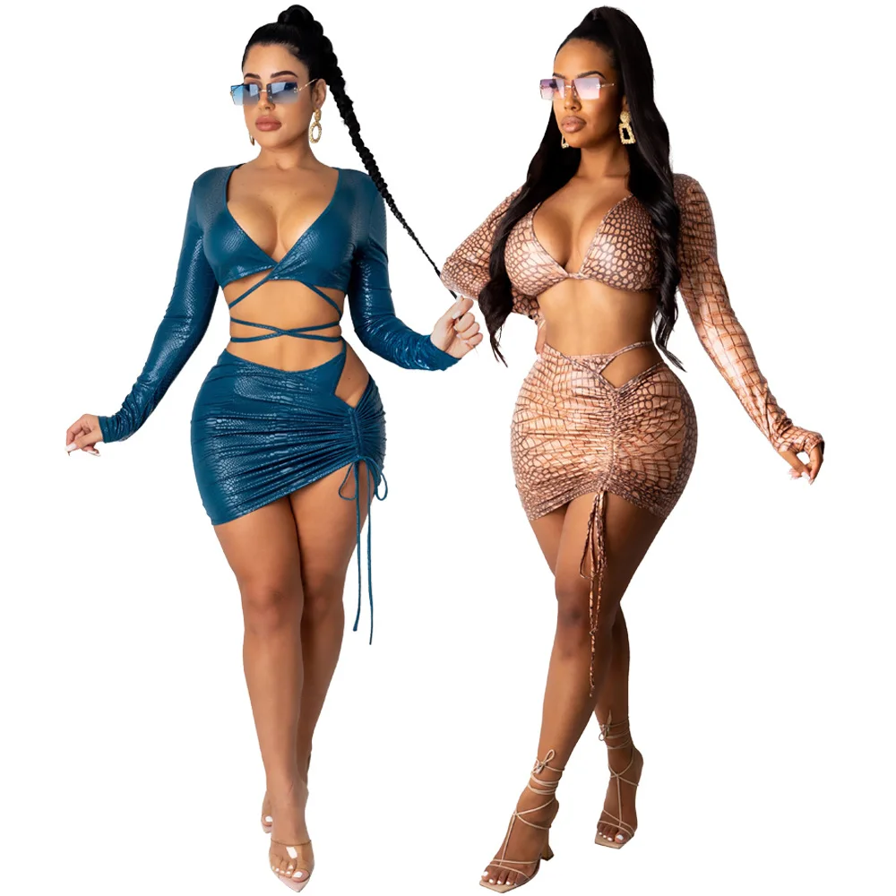 

women sexy bondage skirt and top snakeskin leather two piece set