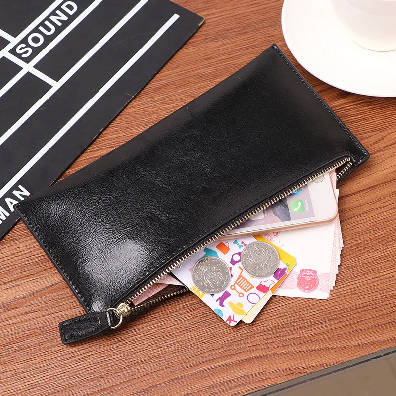 

women genuine leather wallet oil wax long purse zipper thin soft designer ladies cowhide wallet wholesale