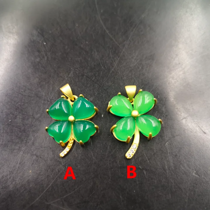 

jialin jewelry 2020ins wholesale gold plated green agate chinese jade four leaf clover jade pendant necklace