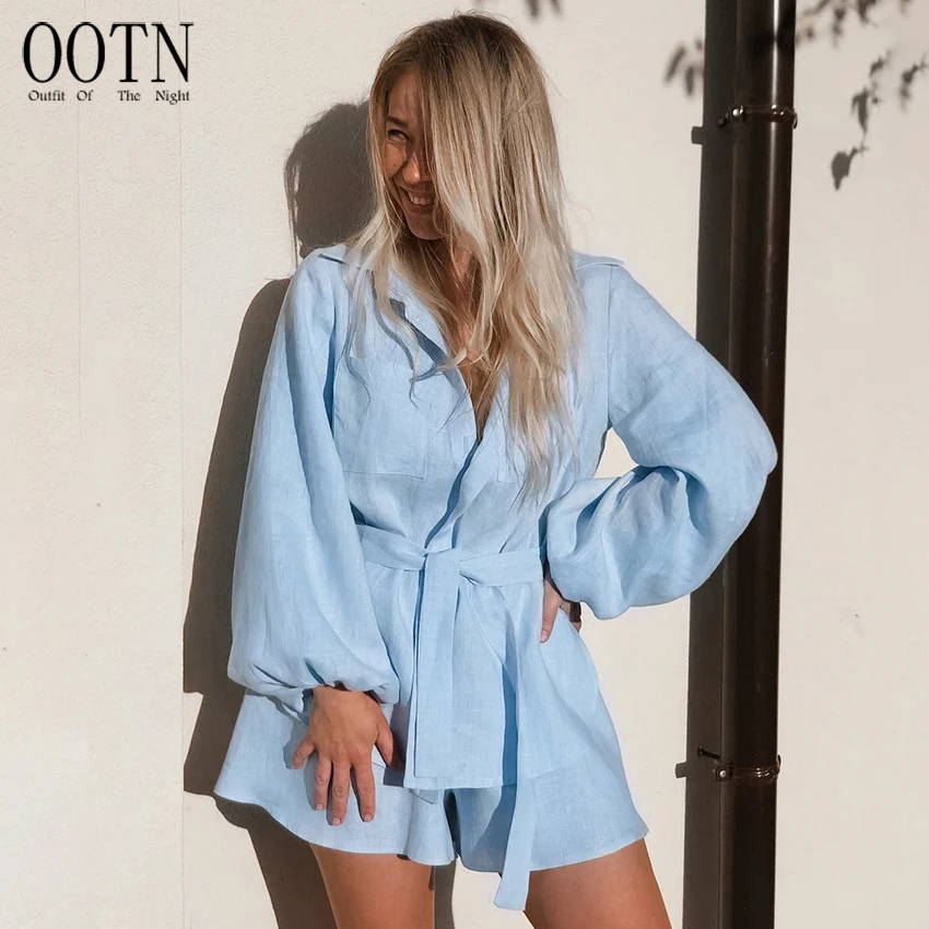 

OOTN Two Pieces Cotton Sets Lapel Belt Shirt And Hot Pants Casual Outfit Lantern Sleeve Women Vacation Linen Shorts Suits