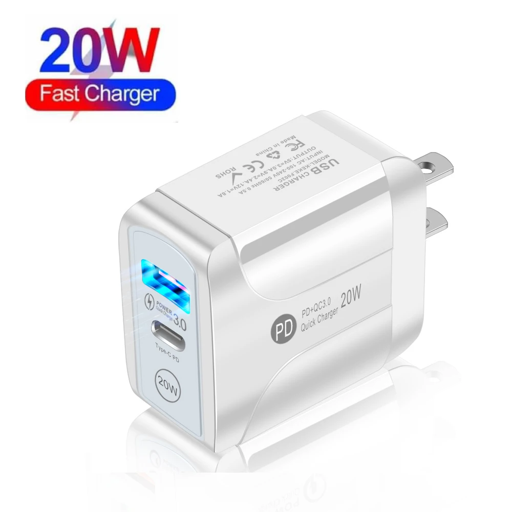 

Promotional US UK EU 20W Dual PD QC3.0 Lighting Fast chargeur Mobile Phone USB C 20 W Wall Charger for iPhone, White black