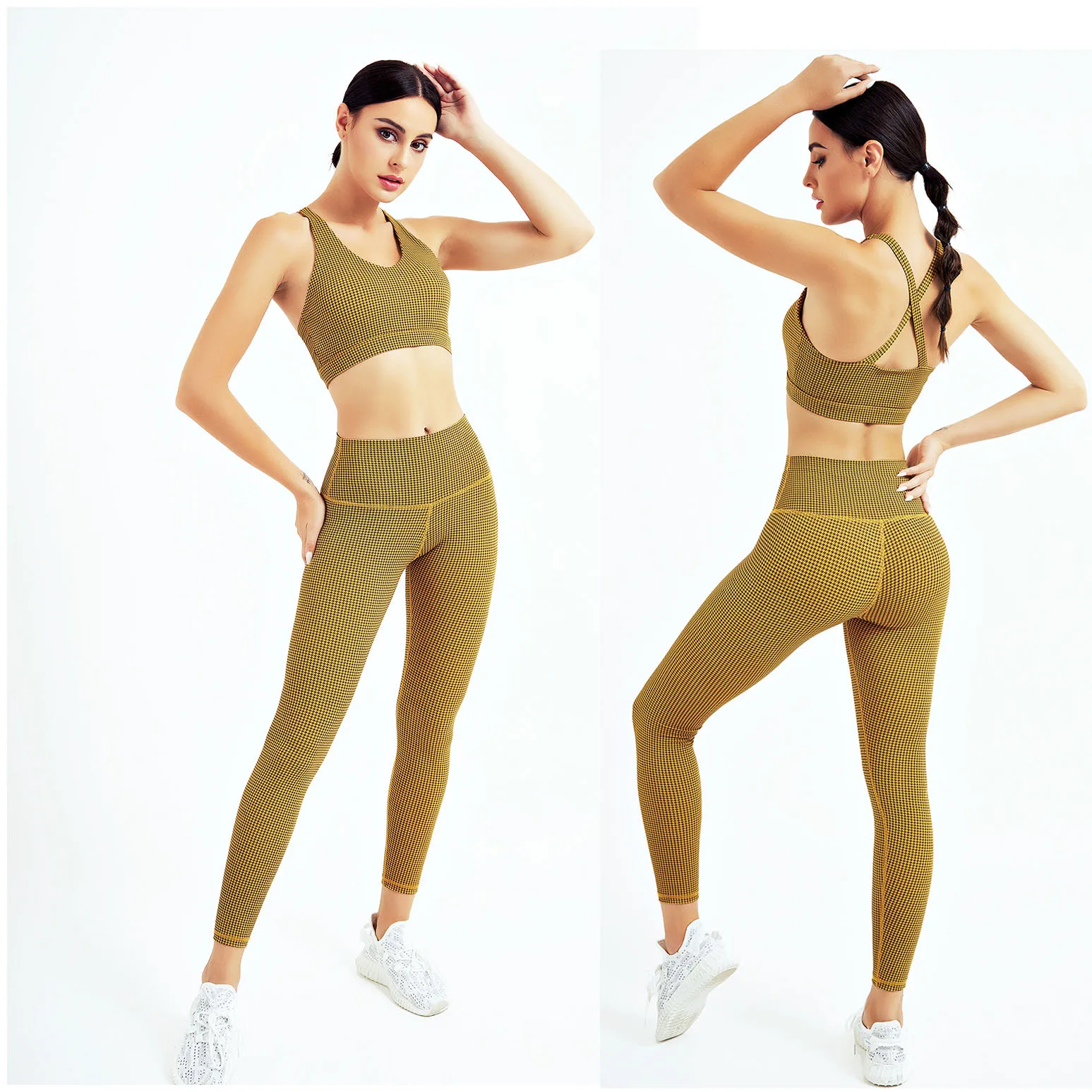 

New Design Houndstooth Shockproof Sports Bra Sets Butt Lift Tummy Control No See Through Leggings Workout Sets Printed Yoga Sets, Customized colors