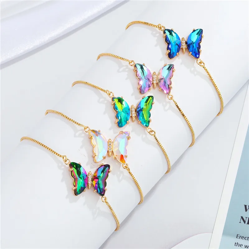 Fashion Ins Purple Crystal Emerald Gemstone Butterfly Pendant Bracelet Adjustable Bracelets For Women Girls