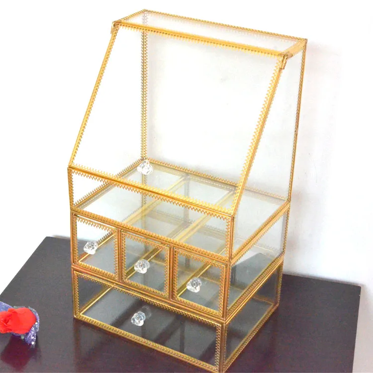 

Customized clear 3 layers transparent glass cosmetic make up organizer yellow