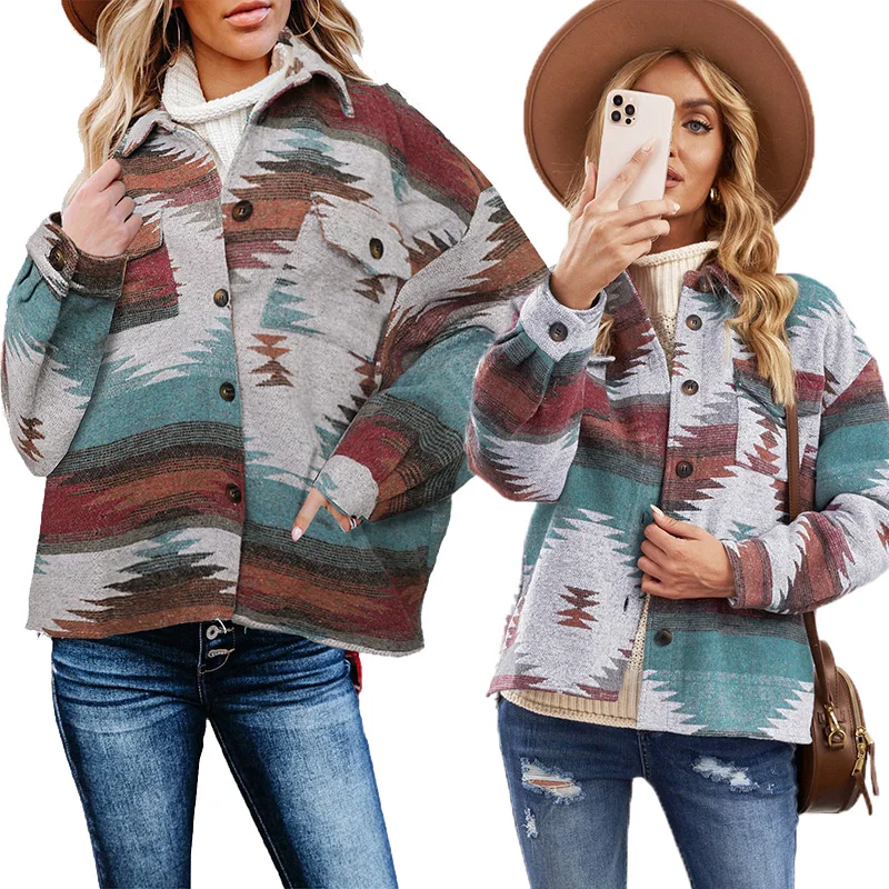 

High Quality Wholesale Outdoor Winter Fall Distressed Aztec Print Long Sleeve Button Shirt Jackets For Women, Customized