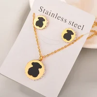 

Modalen Round Shape Pendant Necklace Stud Earring Enamel Bear Gold Steel Jewelry Set