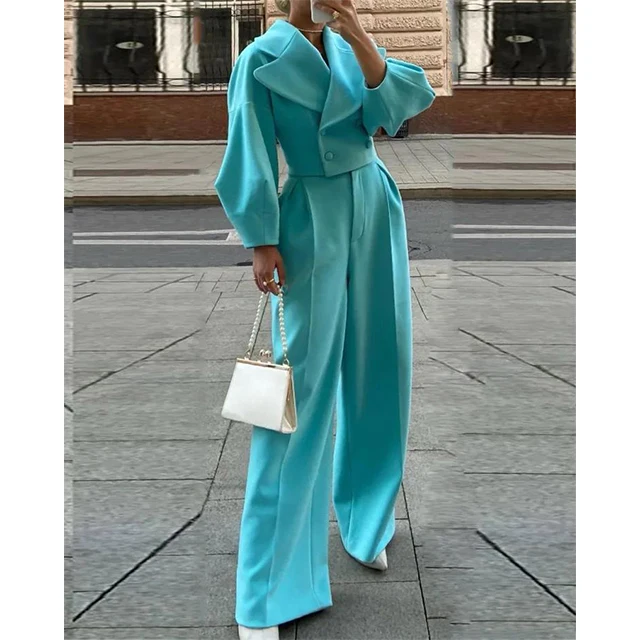 

GX0384 Autumn winter casual woolen elegant suit lantern sleeve lapel tops and high waist straight trousers two piece set women