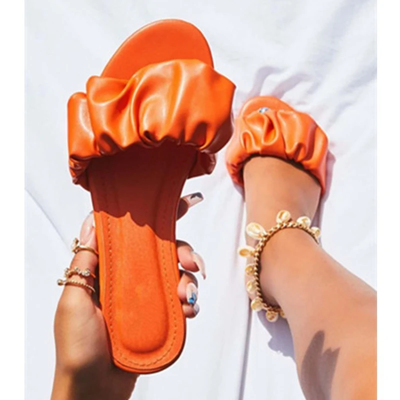 

California Beach Slippers Ladies Flat Candy Color Casual Outdoor Home Dual Purpose Slippers Ruffled Ladies Flat Sandals