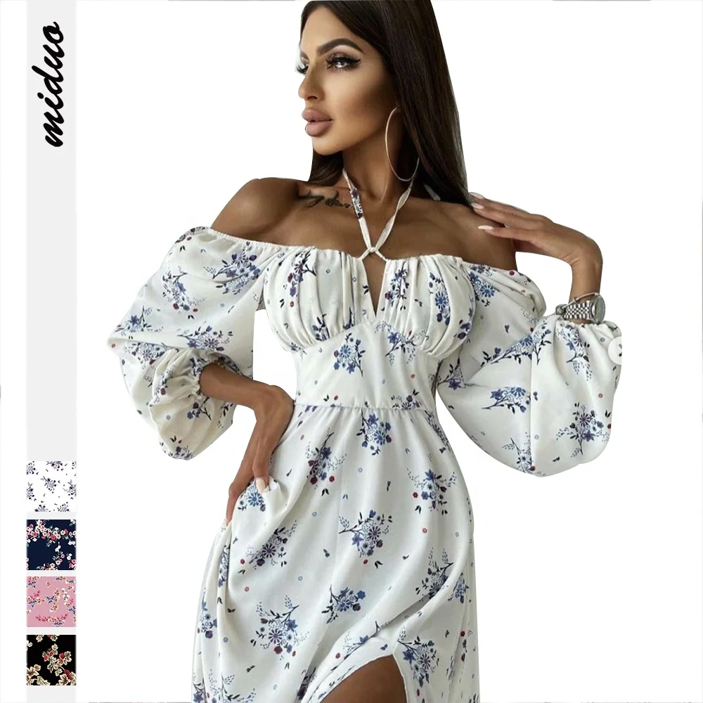 

New Arrivals Wholesale Digital Print Cheap Square Collar Sexy Lantern Long Sleeve Floral Casual Elegant Womans Dress