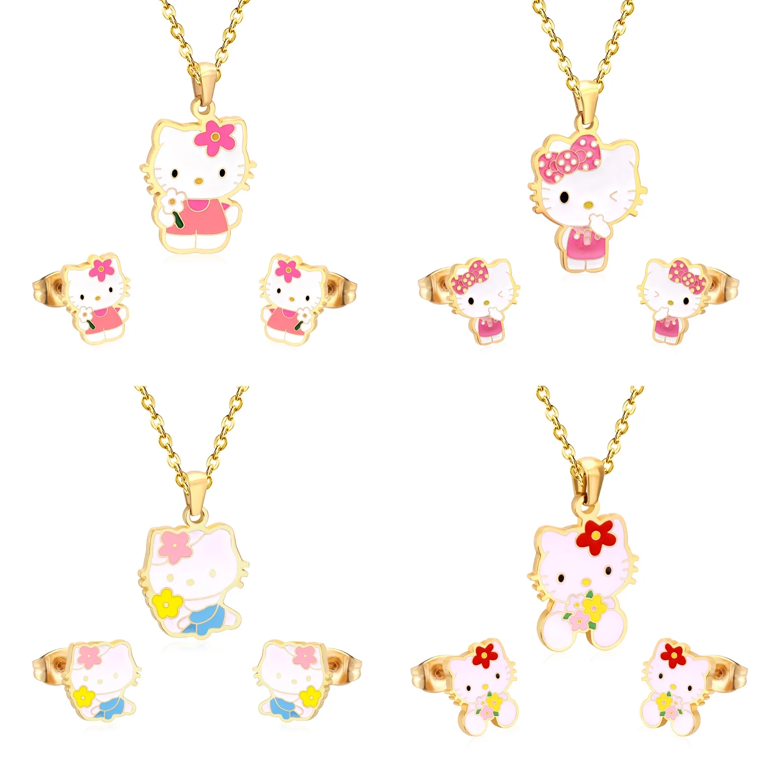 

Stainless Steel Material Cartoon Necklace and Stud Earrings Kids Jewelry Set, Gold/silver available