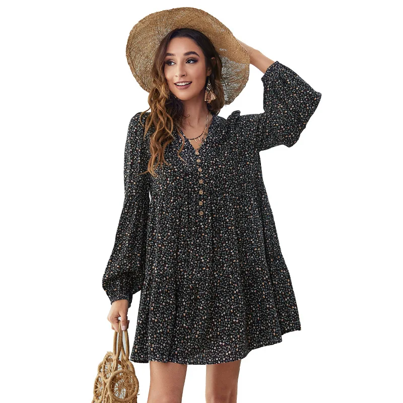 

Floral Print Mini Dress Lantern Sleeve Ruffle Casual V-neck Buttons Loose Vintage Evening Spring