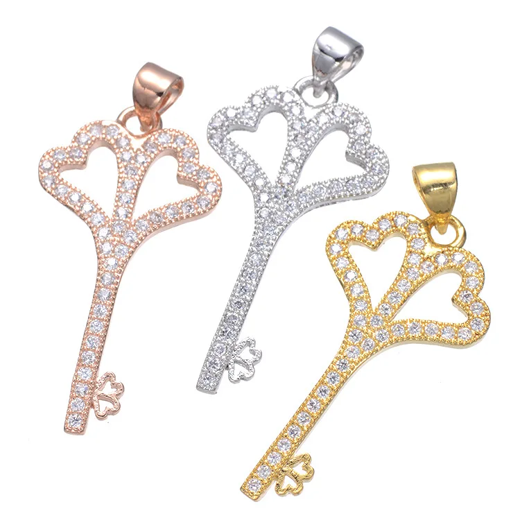 

Pave Heart Key Pendant CZ Micro Pave Key Charm Fashion Single Product Diamond Key Pendant