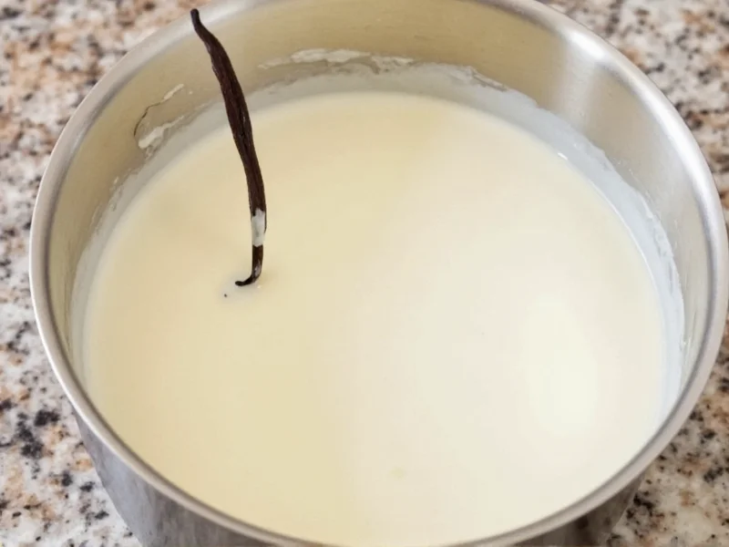 Vanilla bean scraped into cream saucepan