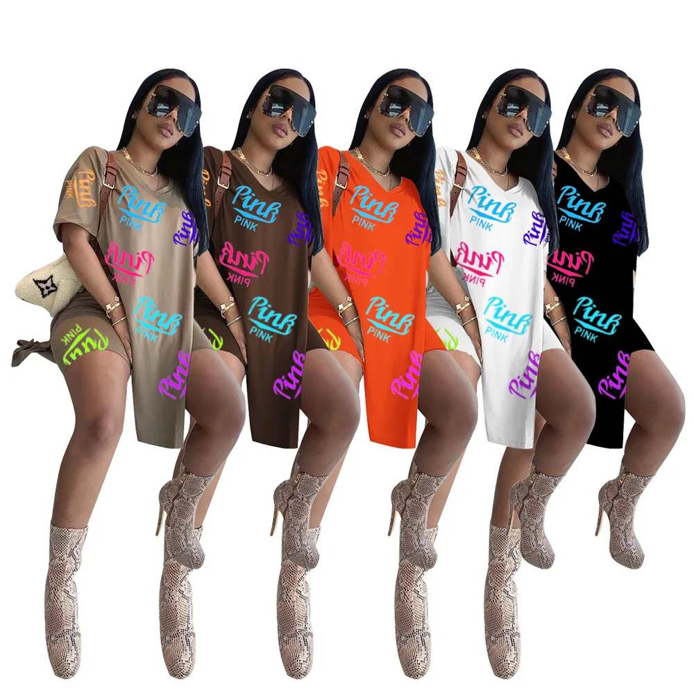 

Pink NI English alphabet brand suit printing short sleeve unique design street women's two-piece suit KE