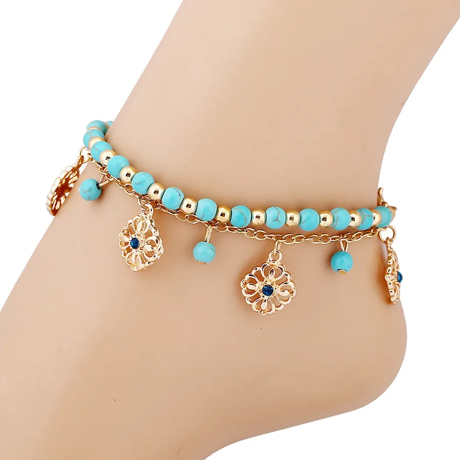 

Free Shipping Floral Tassel Anklets Bracelet Blue Turquoise Beads Foot Jewelry Accessories for Women Girls