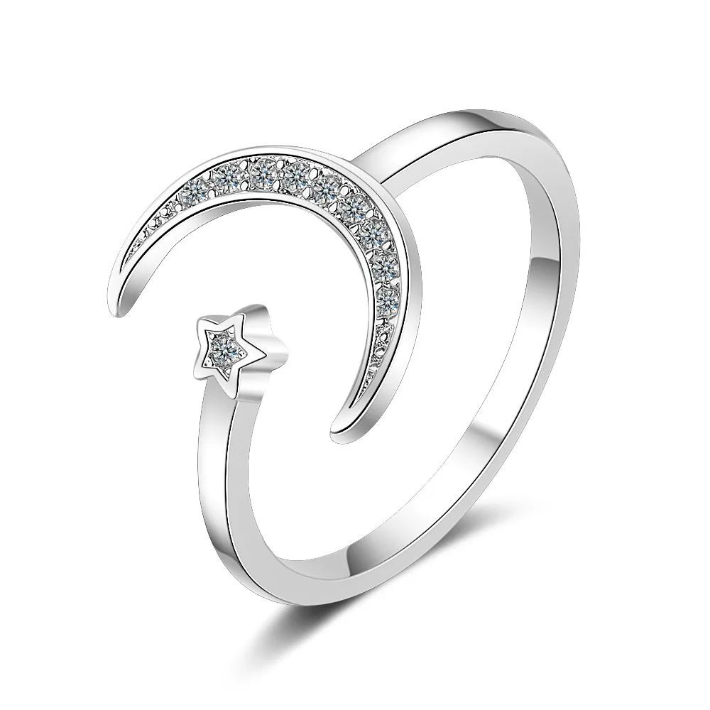 

925 Sterling Silver Wedding Engagement Women Ring Jewelry Open Star Moon Finger Ring