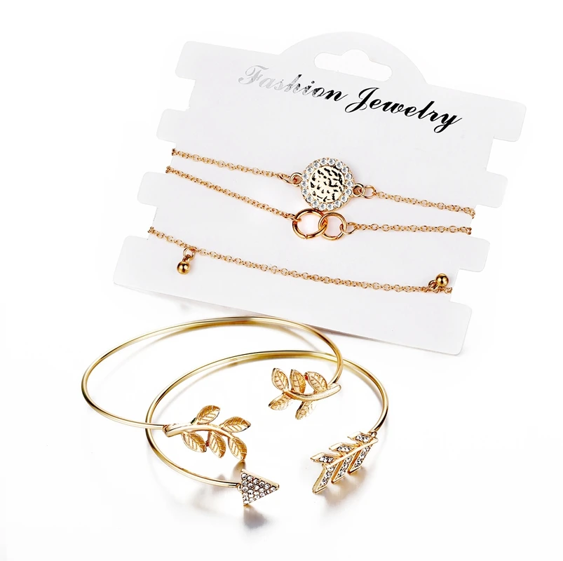 

Factory Popular 5 Pcs Gold Plated Leaf Cuff Bangle and Thin Chain Charms Bracelets Set for Women Jewelry