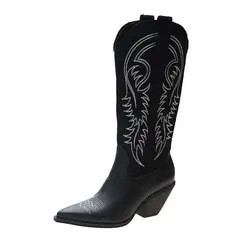 2021 New Canvas Women Knee High Boots High Heel Western Cowboy Boots Embroider Pointed Shoes Female Winter Motorcycle Boots