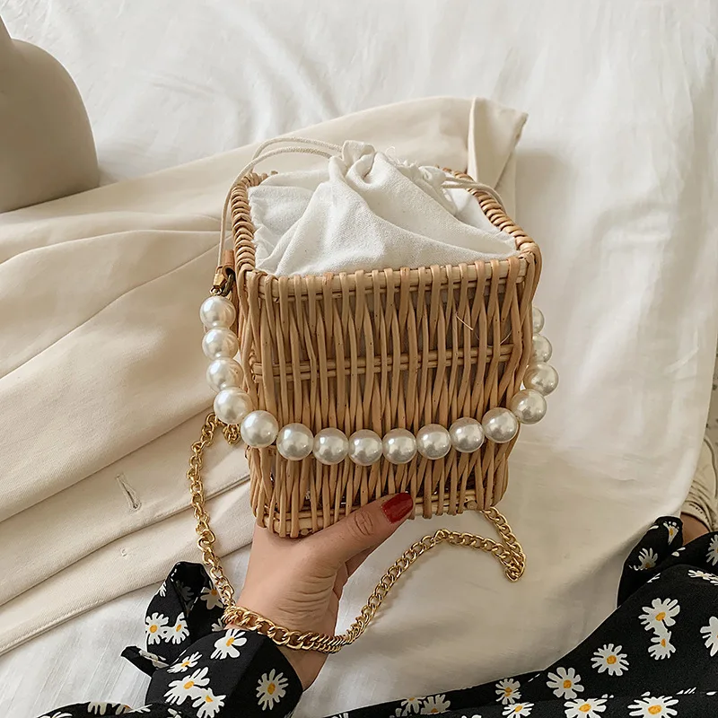 

2021 new fashion chain pearl cross-body bag summer straw handbags purses ladies bucket bag