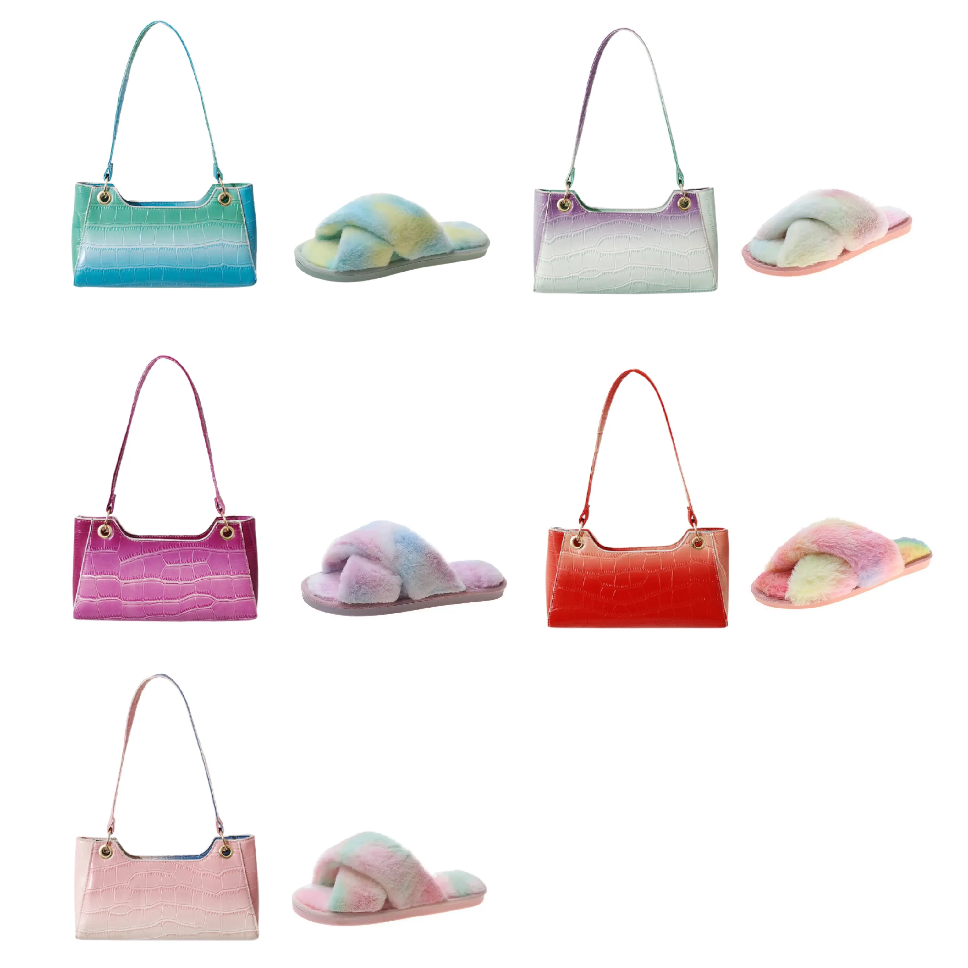 

2021Summer new design tie-dye Underarm Bag long handle armpit bag Fluffy slipper elegant office lady purse and shoes, 5 colors