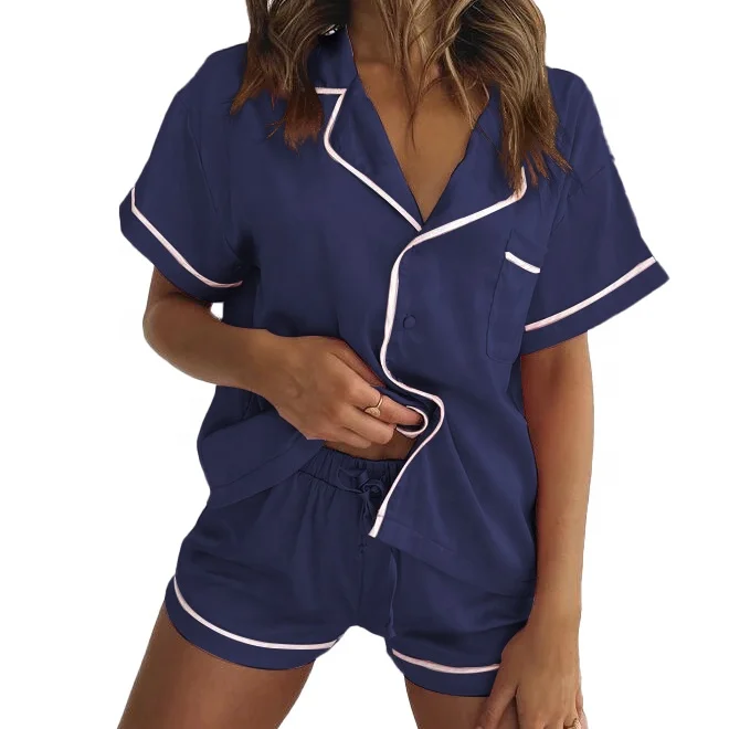 

2021 New Solid Color Side Strap Turndown Collar Short Sleeve Shirt Short Suit Sleepwear 2pc Set for Women