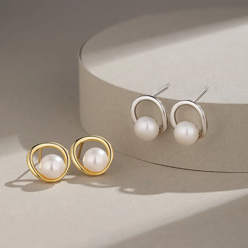 Factory Dropshipping Silver Earrings Jewelry S925 Sterling Silver Stud Earrings Minimalist Freshwater Pearl Stud Earrings Women