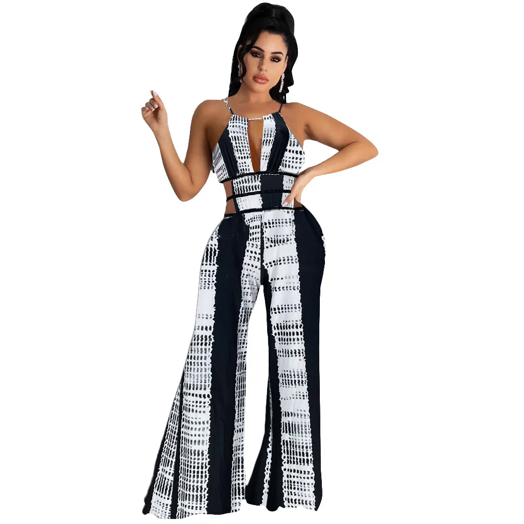 

Summer Holes Backless Vertical Stripe Beach One Piece Jumpsuits Women Wide Leg Bell Bottom Jumpsuits Club Wear Rompers, White/black