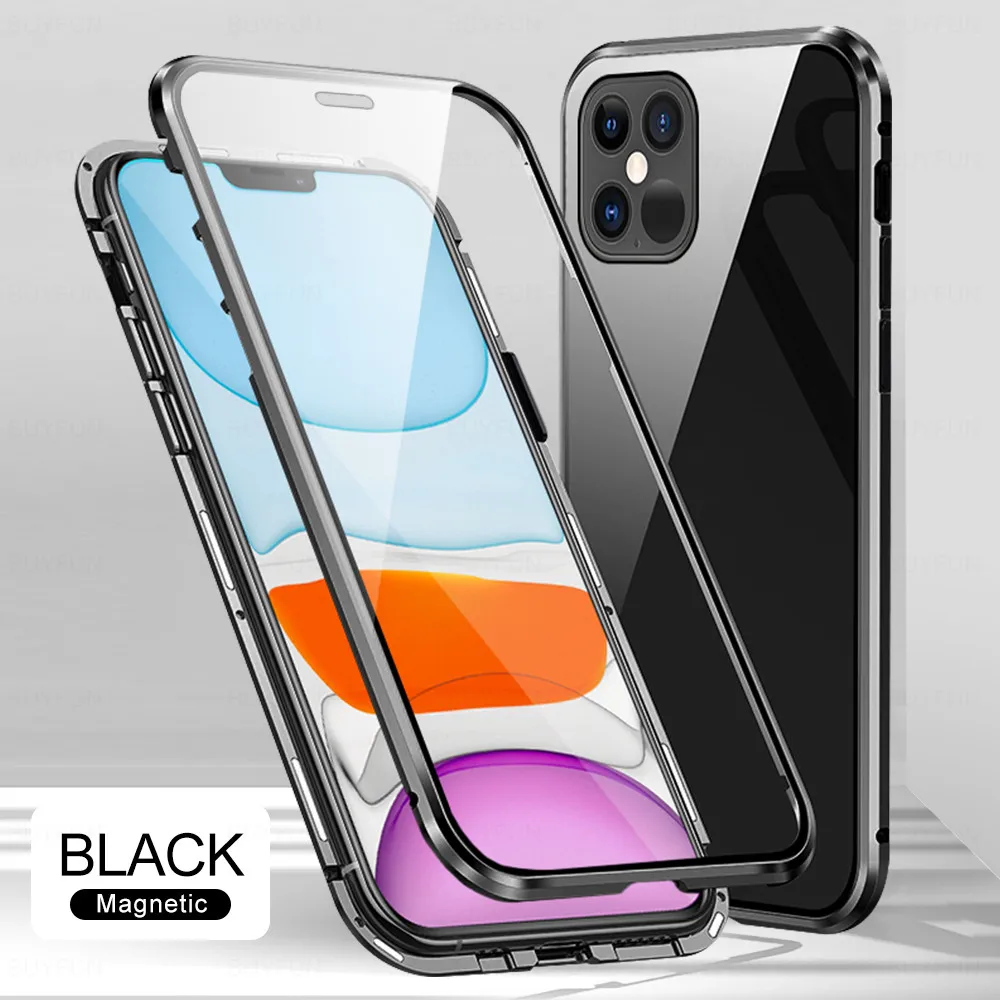 

Magnetic Metal Glass Case For iPhone 12 11 Pro XR XS Max For iPhone 7 8 6 Plus SE 2020 360 Full Protector Double glass Cover