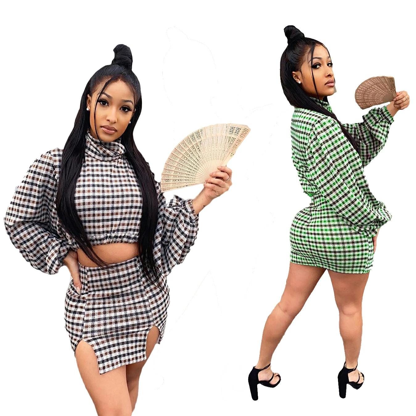 

Woman Jumper Suit European And American Women's Plaid Red Dot Small Square Print Long-Sleeved Short Skirt Sexy Two-Piece Suit, Picture