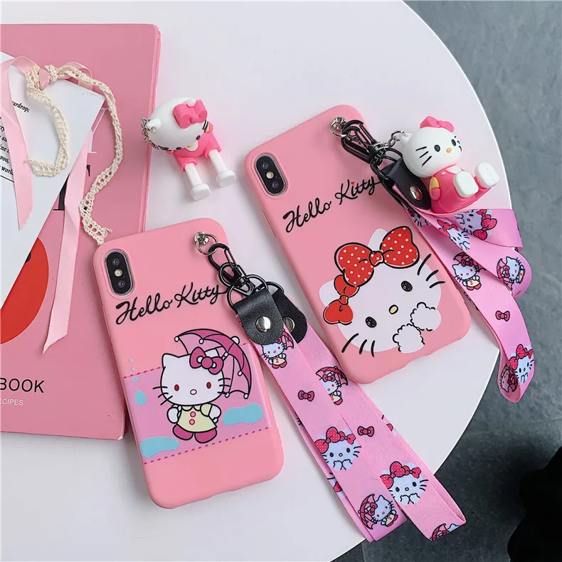 

hellokitty hello kitty lanyard necklace Doll stand Case For iphone 12 Mini 12promax 11 XS X soft Cover, Colorful