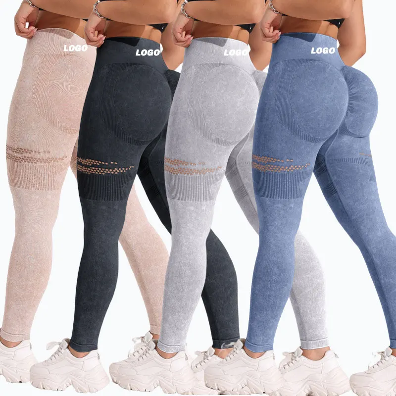 Custom Logo Sand Washed Seamless Hollow Scrunch Yoga Leggings High Waist Push up Pants Fitness Sportswear Workout Women Clothes