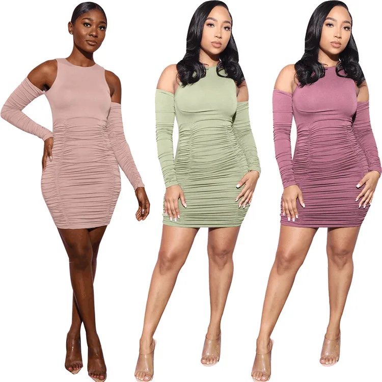 

New Style Ladies Girls' Short Pleated Dresses Sweet Casual Sexy Solid Color One Piece Custom Long Sleeve Women Bodycon Dress, Shown