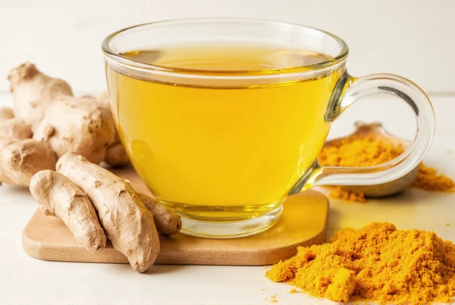 Ginger turmeric tea in a mug with fresh ingredients